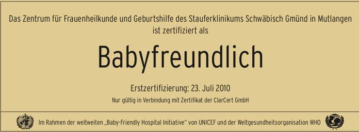 Wir sind als babyfreundliches Krankenhaus ausgezeichnet (Zertifiziert durch ClarCert)
